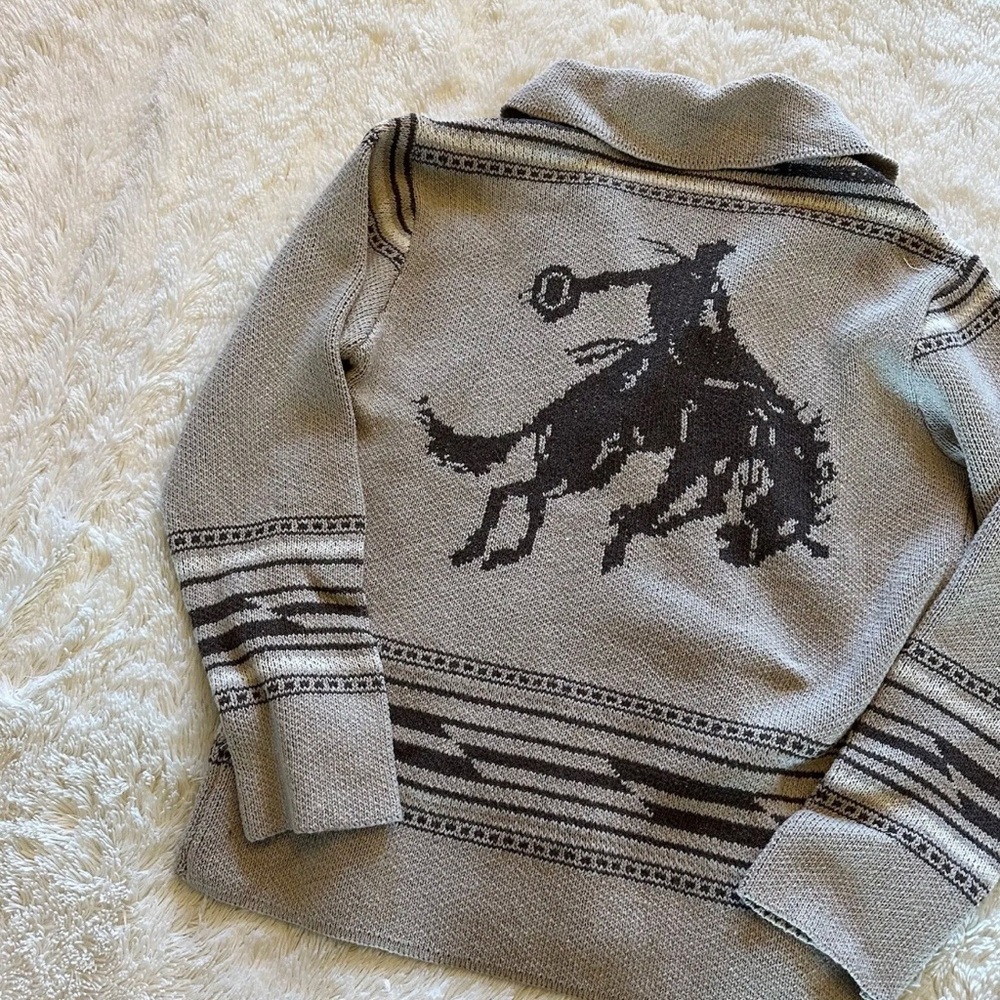 Western Bucking Bronc Rodeo Horse Cowichan Knit Traditional Button Front Sweater - Picture 2 of 10